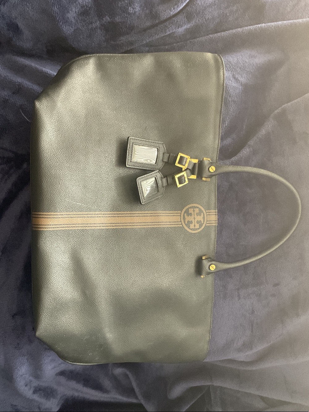 Tory Burch Black Leather Tote with Brown Stripe and Gold Hardware